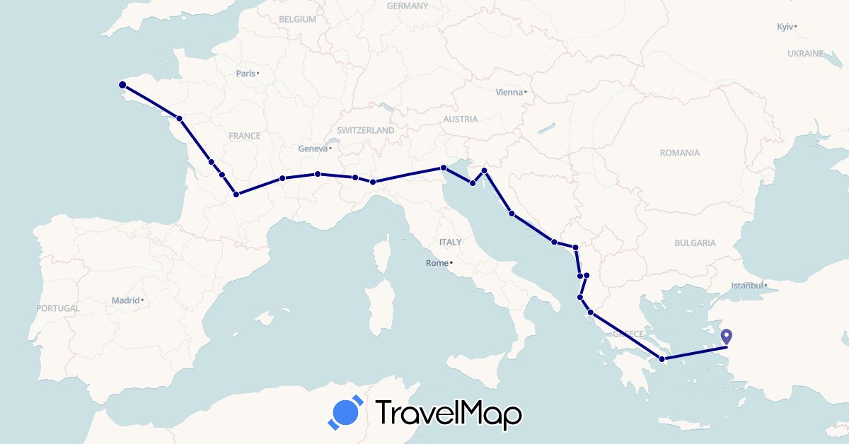TravelMap itinerary: driving in Albania, France, Greece, Croatia, Italy, Montenegro, Turkey (Asia, Europe)